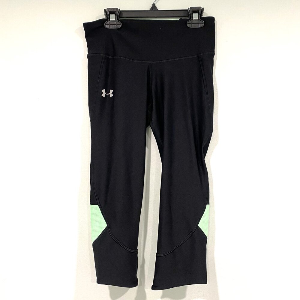 Under Armour Black and Neon Green Crop Heat Gear Compression Running Tights Med